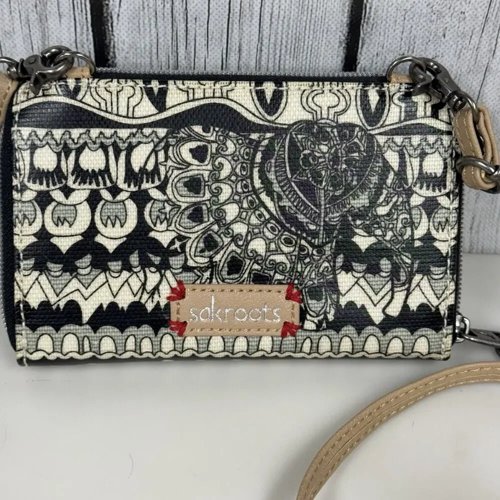 Sakroots Crossbody Wallet Wristlet Clutch Purse Peace Elephant Cream Black -Read
